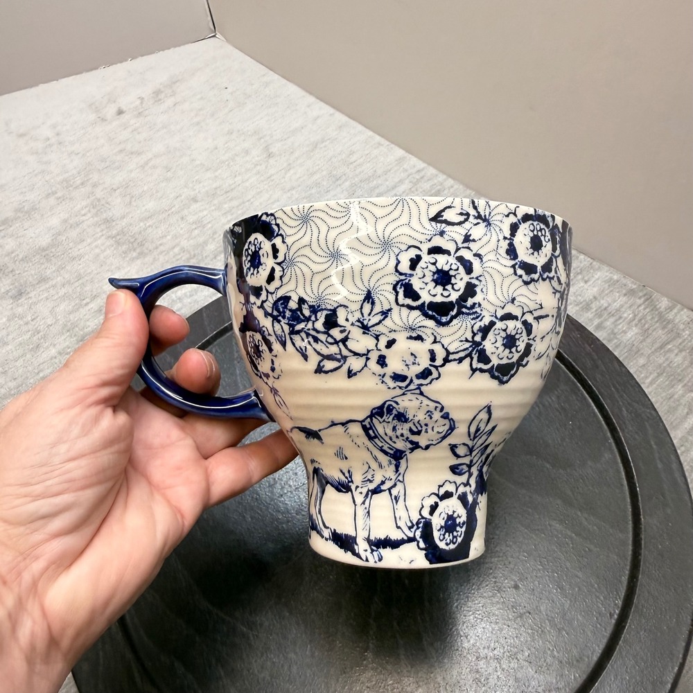 Anthropologie Menagerie Bulldog Floral Coffee tea Mug Blue White Chinoiserie